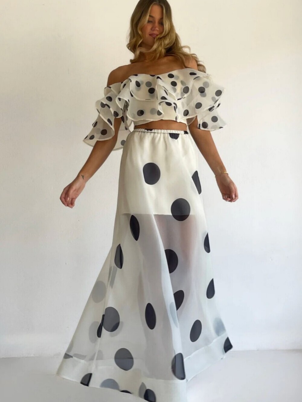 Polka Dot Ruffle Crop Top and Maxi Skirt Set